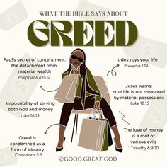 a woman sitting on top of a chair with bags in her hand and the words what the bible says about greed