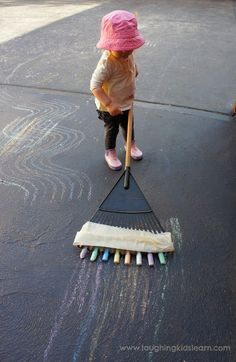 Backyard Art Ideas - Rake Your Driveway with Chalk! Driveway Chalk Obstacle Course For Kids, Games With Chalk Outside, Chalk Roads For Kids, Outdoor Chalkboard For Kids, Playground Blacktop Painting, Backyard Art, Arm Strength, Melted Crayons, Play Ground