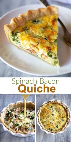 spinach bacon quiche with cheese being drizzled on top and in the bottom