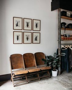 a row of chairs sitting in front of a wall with pictures on it