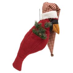 Christmas Cardinal Door Hanger is a stuffed fabric ornament with a Northern Cardinal design. Hanger features a pocket filled with glittered pine picks and pinecones and it wears a long, gingham patterned Santa hat with a fluffy white trim and a jingle bell pom pom. It has a string for hanging display and it measures 19.25" high by 6.25" wide by 3.25" deep. The Holiday Aisle® | The Holiday Aisle® Christmas Cardinal Door Hanger / white in Red | 19.25" H X 6.25" W | Wayfair | Home Decor Cardinal Design, Fabric Ornament, Cardinal Ornaments, Northern Cardinal, Christmas Cardinals, Hanging Display, Fabric Home Decor, Felt Dogs, Fabric Ornaments