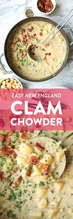 clam chowder recipe with text overlay that reads easy new england clam chowder