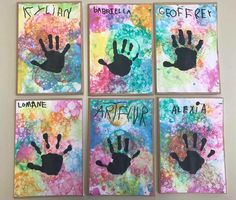 four handprints are displayed on the wall in different colors and sizes, with words written