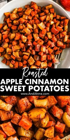 roasted apple cinnamon sweet potatoes in a white bowl with the title above it and an image of