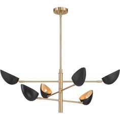 a brass chandelier with five black and gold lights hanging from the ceiling, on an isolated white background