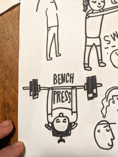 someone is holding up a piece of paper with drawings on it that says bench press