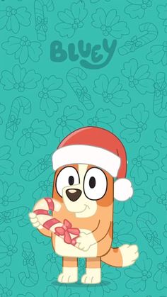 a cartoon dog wearing a santa hat and holding a candy bar with the word blue on it