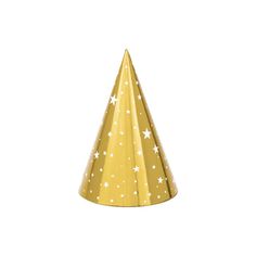 a gold party hat with white stars on the side and a star pattern on the top