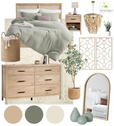 the bedroom is decorated in neutrals and greens