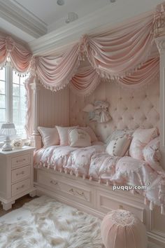 a bedroom with pink bedding and white fur rugs