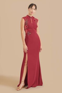 Modern Chinese Wedding Dress | Cheongsams & Qipaos | East Meets Dress - Red Marilyn Dress East Meets Dress, Wine Wedding Dresses, Qipao Wedding Dress, Modern Chinese Wedding Dress, Red Cheongsam Dress, Red Chinese Wedding Dress, White Cheongsam, Bespoke Dress, Modern Chinese Wedding