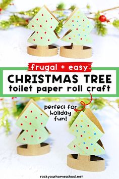 Four examples of toilet paper roll crafts featuring Christmas tree shapes. Easy Crafts With Toilet Paper Rolls, Christmas Tree Toilet Paper Roll, Kids Crafts Toilet Paper Rolls, Toilet Paper Roll Craft, Creative Christmas Crafts, Toilet Paper Roll Art, Christmas Learning, Roll Craft, Christmas Toilet Paper