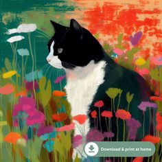 a painting of a black and white cat sitting in a field of wildflowers