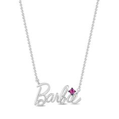 This sterling silver script necklace features a lab-created pink sapphire, elegantly displaying Barbie’s iconic name for a stylish nod to the beloved doll. Perfect for adding a playful yet sophisticated touch to any look. Click on this JEWELRY & WATCHES GUIDE to learn about fit, styles, materials and more! . This sterling silver script necklace features a lab-created pink sapphire, elegantly displaying Barbie’s iconic name for a stylish nod to the beloved doll. Perfect for adding a playful yet sophisticated touch to any look. Click on this JEWELRY & WATCHES GUIDE to learn about fit, styles, materials and more! . FEATURES Drop length: 0.75 in. Chain length: 16 in. + 2-in. extender Chain type: bead Clasp: spring-ring Nickel free Metal: sterling silver Plating: rhodium Finish: polished Packag Script Necklace, Pink Sapphire, Spring Rings, Chain Length, Womens Jewelry Necklace, Jewelry Necklace Pendant, Jewelry Watches, Lab, Sapphire