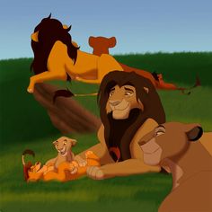 the lion king is laying down with his babies in the grass and other animals around him