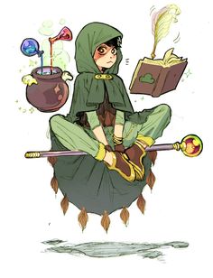 a drawing of a person sitting on top of a book and holding a wand in their hand