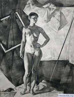 a black and white drawing of a naked man standing in front of a sailboat