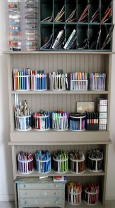 the shelves have many different types of pens and pencils on them