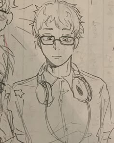 a drawing of a man with glasses and headphones in front of another person's face