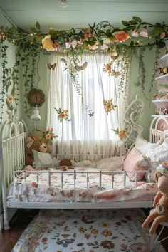 a baby's room decorated in pink and green with flowers on the ceiling, crib bedding, teddy bear and stuffed animals