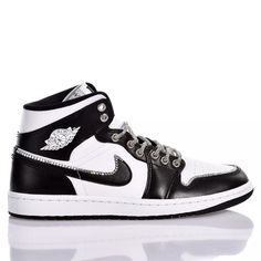 Nike Air Jordan 1 Panda Swarovski from Mimanera Air Jordan 1 Panda, Jordan 1 Panda, Gucci Hat, Jimmy Choo Bag, Stella Mccartney Bag, Zegna Shoes, Nike Air Jordan 1, Valentino Bags, Sneaker Wedge