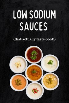 low sodiment sauces in small white bowls on a black background