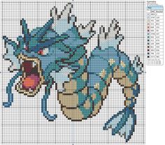 a cross stitch pattern of a blue dragon