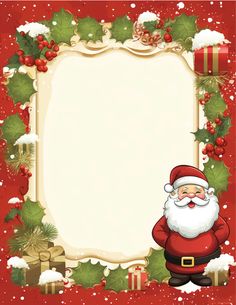 a christmas card with santa claus and holly wreaths on the border, surrounded by presents