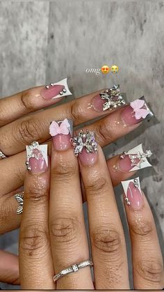 Silver Nails With Charms, Pink Junk Nails, Form Nails, 23 Nails, Shimmery Nails, Customized Nails, Nails Board, Nails Neon