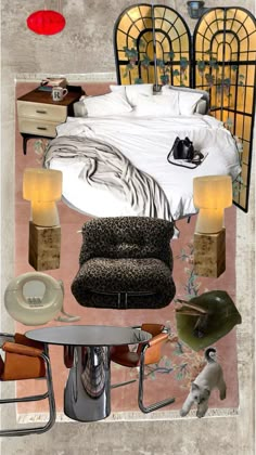 a collage of furniture and decor items including a bed, chair, lamp, table