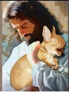 a painting of jesus holding a dog in his arms