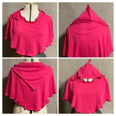 four pictures of the back of a pink top with three different ways to cut it