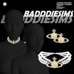 an ad for baddieism's jewelry featuring pearls and crown brooches