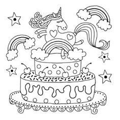 a birthday cake with rainbows and stars on it, outlined in black and white