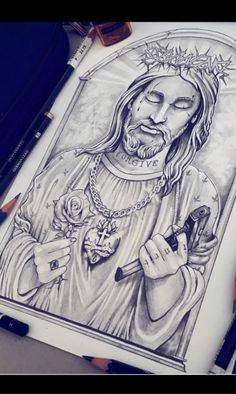 a pencil drawing of jesus holding a cross