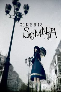 a movie poster with a woman holding an umbrella in front of a street light and lamp post