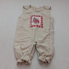 Sleeveless Gingham Romper, Front And Bottom Snap Closure, Hand-Sewn, Painted Ladybug With Embroidery Hearts, Back Gather, See Pics, See Details, Nwt. Thrifted Baby Clothes, Painted Ladybug, Strawberry Romper, Vintage Infant Clothes, Strawberry Shortcake Baby Clothes, Gingham Romper, 1960s Baby Clothes, Newborn Clothes, Embroidery Hearts