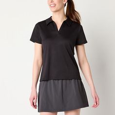 This Xersion women's ribbed short-sleeve polo shirt is a bright stylish piece you'll love having in your activewear rotation. Crafted from a soft stretch quick-dry fabric, this pullover top has a johnny collar and a v-neckline. Wear it with a skort or leggings. 2nd Piece Sleeve Length: Short SleevesFeatures: Quick Dry, Stretch FabricClosure Type: Pullover HeadFit: Regular FitNeckline: Open NeckSleeve Length: Short SleeveApparel Length: 24 Inches - FrontFiber Content: 93% Polyester, 7% SpandexFab Solid Collared Top For Sports, Solid Collared Sports Top, Solid Color Collared Sports Top, Solid Color Collared Sport Tops, Fitted Sporty Polo Shirt, Sporty Fitted Polo Shirt, Relaxed Fit Collared Tops In Athleisure Style, Collared Athleisure Tops With Relaxed Fit, Relaxed Fit Collared Tops For Athleisure