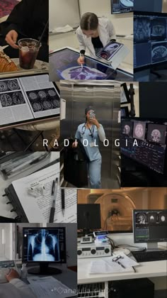 a collage of images with doctors and medical equipment in them, including an x - ray