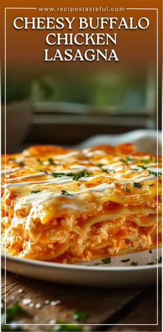 cheesy buffalo chicken lasagna on a plate with the title above it