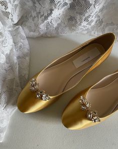 "Beautiful and elegant almost Flat Satin Shoes, heel is only 1/2\" it adds beauty and elegance to this classic style; crystals embellishments SILVER OR GOLD please LET ME KNOW IN THE BUYERS NOTES look at the pictures, Color of shoes pictured Gold/Mustard color, i suggest to order color swatches samples if, you need a close match to your color, below find the link to order color swatches. BY PURCHASING THIS LISTING, YOU AGREE TO HAVE READ ALL INFORMATION, AND SHOP POLICIES. THANK YOU! EVERY SHOES Gold Closed Toe Flats For Evening, Gold Flats For Evening With Flat Heel, Gold Flats For Evening, Gold Flats For Evening Occasions, Crystal Embellished Flats For Wedding, Elegant Flat Wedding Shoes With Rhinestones, Elegant Gold Flats With Low Heel, Gold Elegant Low Heel Flats, Elegant Gold Low Heel Flats