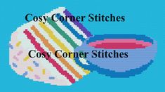 the cross stitch pattern for cosy corner stitches is shown with an image of a bowl and