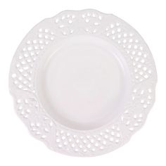 a white plate with an intricate design on the rim and bottom, set against a white background