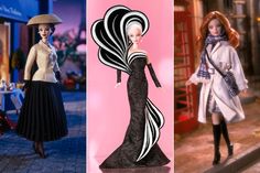 barbie dolls are shown in three different photos, one is wearing a dress and the other has a hat