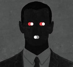 a man in a suit with red eyes on his face and the image is black