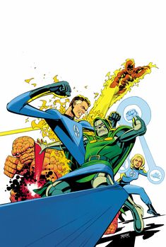 an image of the cover to fantastic four, featuring two men in green and yellow costumes