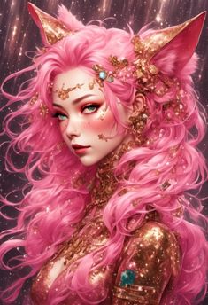 a woman with pink hair and cat ears on her head, wearing gold sequins