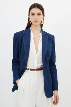 Indigo Suits Women, Denim Blazer Outfit Womens Fashion, Denim Blazer Outfit, Blue Blazer Outfits For Women, Corp Core, Blue Blazer Outfit, Petite Wedding Guest Dresses, Blazer Fits, Summer Blazer