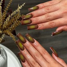 ଳ ‧₊˚ please message for photo credit or removal ! ꩜ ₊˚.༄ Earth Nails Acrylic, Earth Themed Nails, Earthy Girl Nails Acrylic, Brown And Pink Aura Nails, Airbrush Fall Nails, Brown Earthy Nails, Hippie Acrylic Nail Designs, Green And Brown Acrylic Nails, Dark Green And Brown Nails