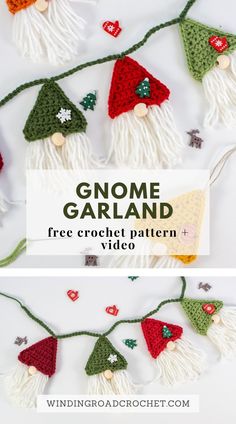 gnome garland made from crochet yarn with text overlay that says gnome garland free crochet pattern video